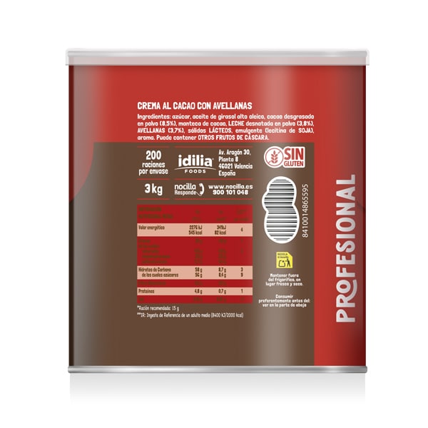 Nocilla original Sin Gluten lata 3kg - Incrementa el ticket de tus postres con una marca reconocida líder en el mercado del consumo del hogar.