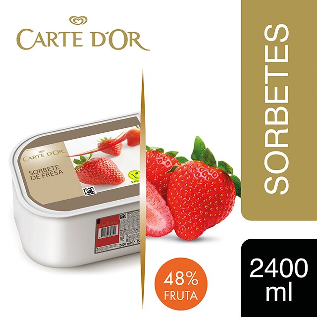 Sorbete de Fresa Carte d'Or 2,4L Vegano - Incluir un buen helado como el Sorbete de Fresa transforma el postre en una experiencia inolvidable. La gama Carte d’Or está diseñada para aportar versatilidad, conveniencia y estructura a tus postres, controlando tu rentabilidad.