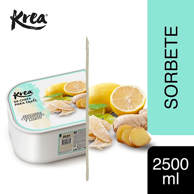 Sorbete de Jengibre Confitado y Limón Krea 2,5L - La gama de Helados KREA, exclusiva de Restauración, te ofrece sabores sorprendentes como Jengibre Confitado y Limón para crear platos originales