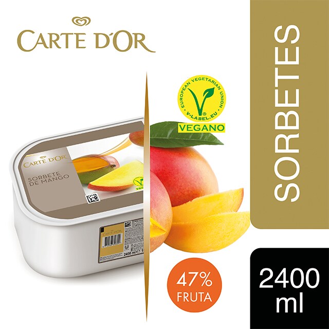 Sorbete de Mango de la India Carte d'Or 2,4L Vegano - Incluir un buen helado como el Sorbete de Mango de la India transforma el postre en una experiencia inolvidable. La gama Carte d’Or está diseñada para aportar versatilidad, conveniencia y estructura a tus postres, controlando tu rentabilidad