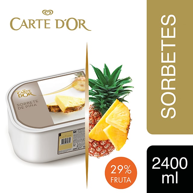 Sorbete de Piña Tropical Carte d'Or 2,4L - Incluir un buen helado como el Sorbete de Piña Tropical transforma el postre en una experiencia inolvidable. La gama Carte d’Or está diseñada para aportar versatilidad, conveniencia y estructura a tus postres, controlando tu rentabilidad.