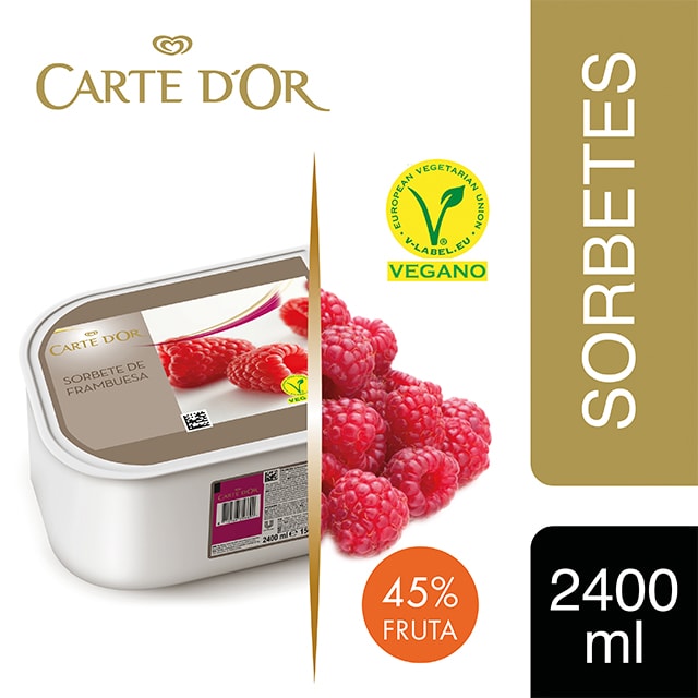 Sorbete Frambuesa Carte d'Or 2,4L Vegano - Incluir un buen helado como el Sorbete Frambuesa transforma el postre en una experiencia inolvidable. La gama Carte d’Or está diseñada para aportar versatilidad, conveniencia y estructura a tus postres, controlando tu rentabilidad.