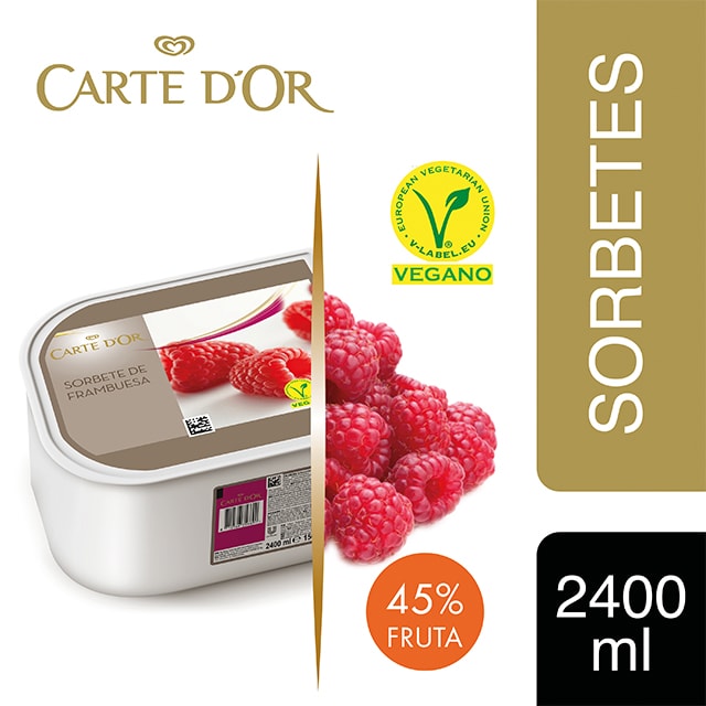 Sorbete Frambuesa Carte d'Or 2,4L Vegano - Incluir un buen helado como el Sorbete Frambuesa transforma el postre en una experiencia inolvidable. La gama Carte d’Or está diseñada para aportar versatilidad, conveniencia y estructura a tus postres, controlando tu rentabilidad.