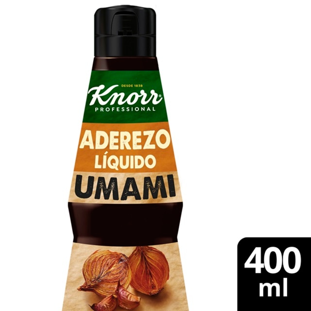 Aderezo Líquido Umami Knorr 400ml Sin Gluten - Ahora tienes ingredientes naturales y sabores intensos, al alcance de tu mano. Prepárate para sorprender a tus clientes con el Aderezo Líquido Umami Knorr.