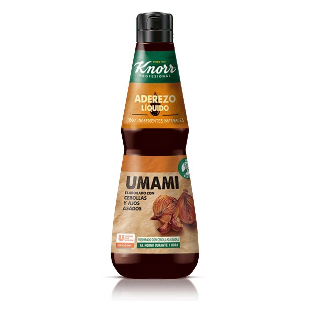 Aderezo Líquido Umami Knorr 400ml Sin Gluten - Ahora tienes ingredientes naturales y sabores intensos, al alcance de tu mano. Prepárate para sorprender a tus clientes con el Aderezo Líquido Umami Knorr.