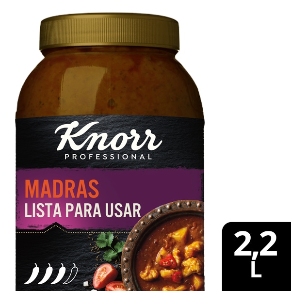 Knorr Salsa Líquida Curry Madrás lista para usar sin gluten bote 2,2L - Incorpora la nueva Salsa Curry Madrás de Knorr Professional en tu cocina. La forma más sencilla de conseguir el sabor original de la India en tus recetas.