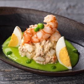 Ensaladilla con Mayonesa de Zanahoria, Guisantes en crema y Vinagreta Ensaladilla con Mayonesa de Zanahoria, Guisantes en crema y Vinagreta
