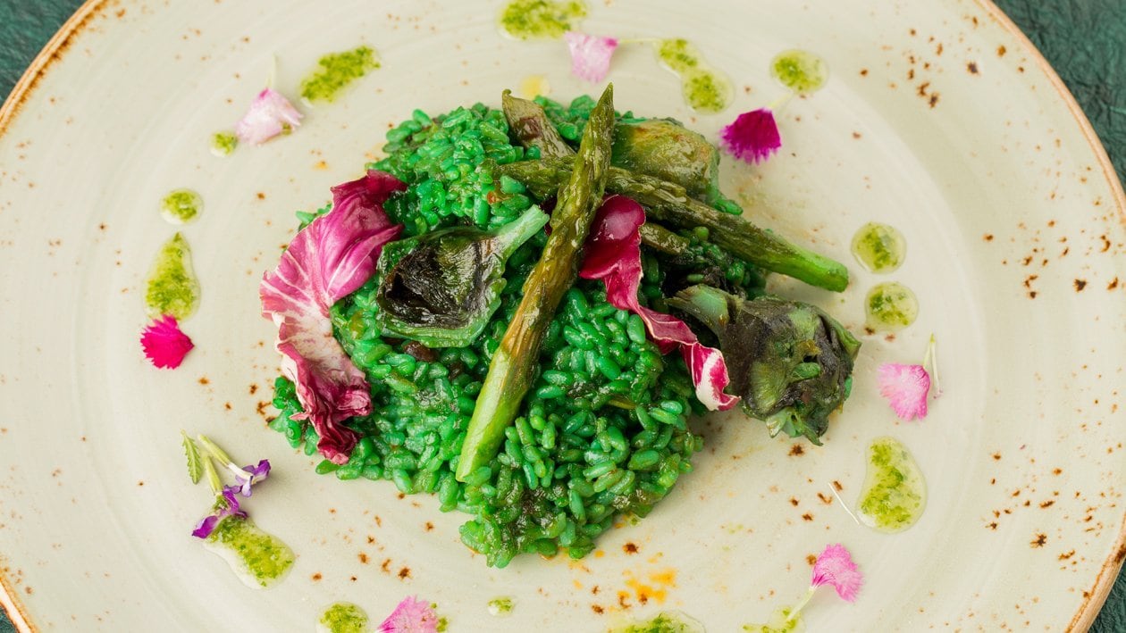 Arroz verde con coulis de pimientos tirabeques y alcachofas – - Receta - UFS