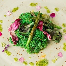 Arroz verde con coulis de pimientos tirabeques y alcachofas Arroz verde con coulis de pimientos tirabeques y alcachofas