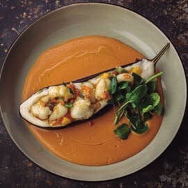 Asado de berenjenas y rape con verduras en crema Asado de berenjenas y rape con verduras en crema