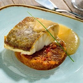 Bacalao al chilindrón con caldo emulsionado sin gluten Bacalao al chilindrón con caldo emulsionado sin gluten