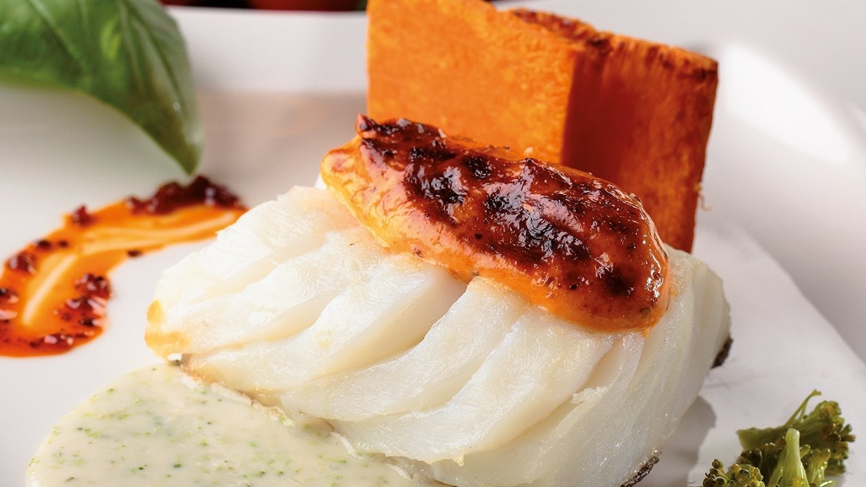 Bacalao confitado con gratinado de calabaza y base de brócoli – - Receta - UFS