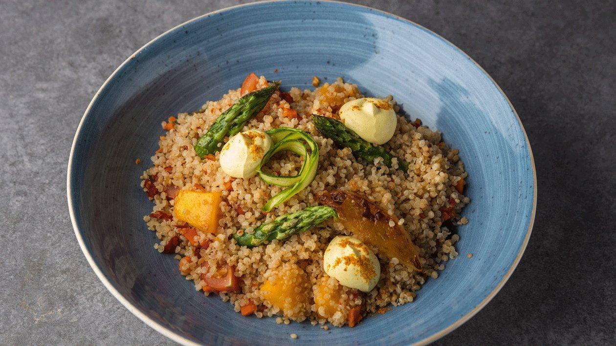 Bulgur con mango especiado, variado de cherry y salsa espumosa – - Receta - UFS