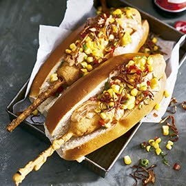 Mazorcas al chipotle, salsa y cebollas al tabasco