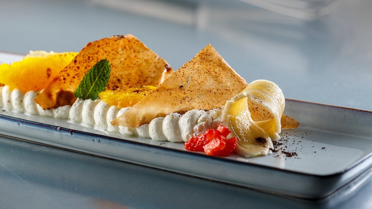 Crema de queso, naranja con tejas y granizado de café – - Receta - UFS