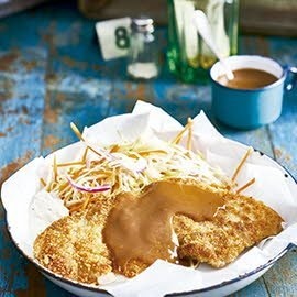 Crumbed pork schnitzel, mustard slaw, apple mustard gravy Crumbed pork schnitzel, mustard slaw, apple mustard gravy