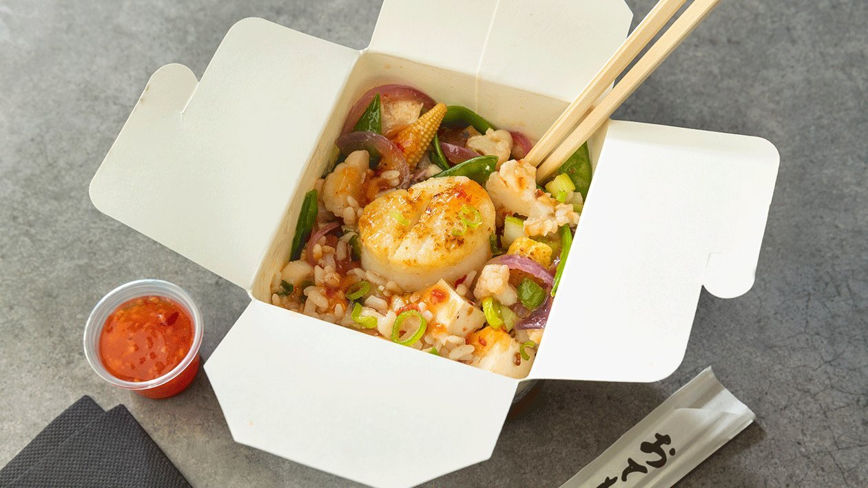 Guisantes, vieiras y maíz enanocon tofu blanco y salsa sweet chili – - Receta - UFS