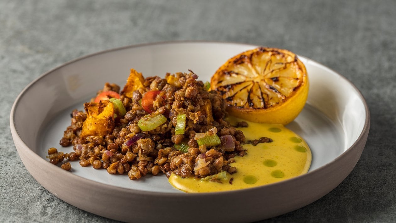 Lentejas con calabaza Raz el Hanout con salsa de limón asado – - Receta - UFS