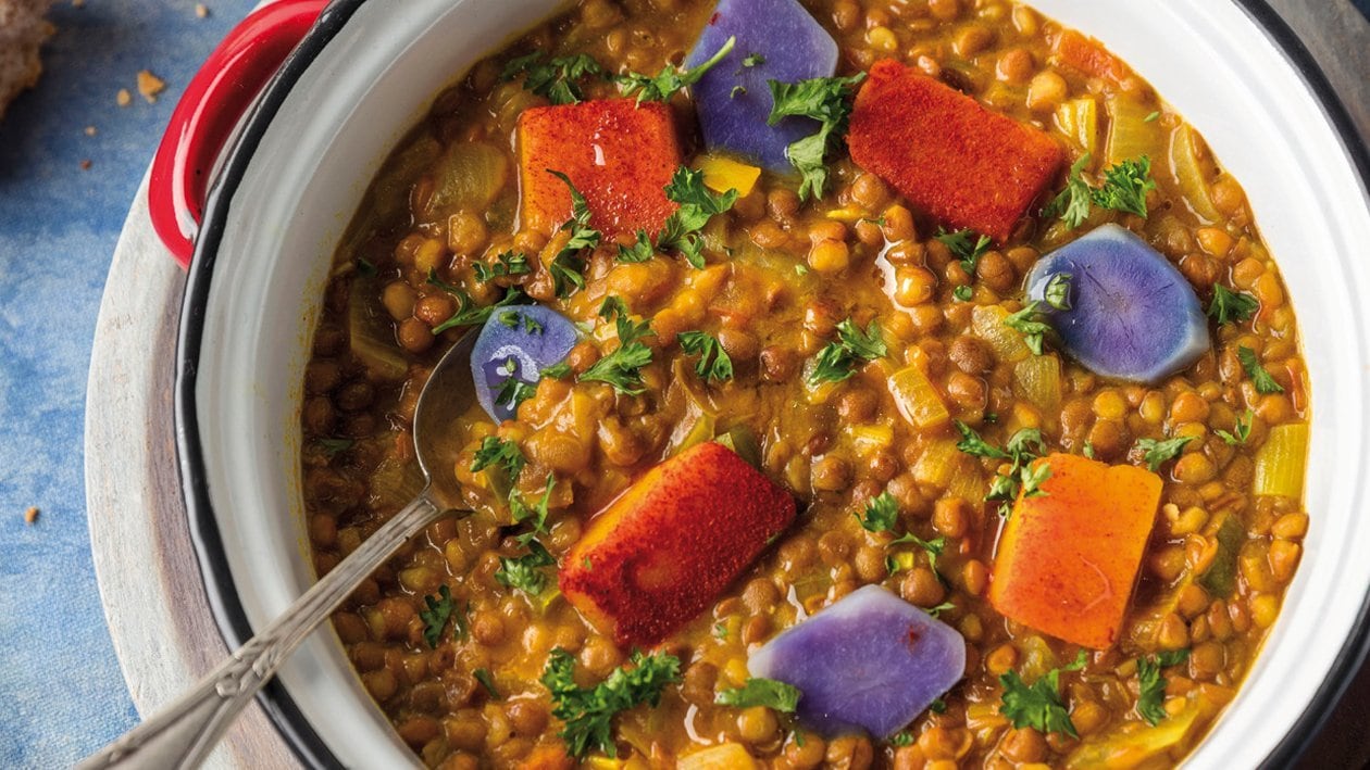 Lentejas guisadas con patata violeta, calabaza y garam massala – - Receta - UFS Lentejas guisadas con patata violeta, calabaza y garam massala – - Receta - UFS
