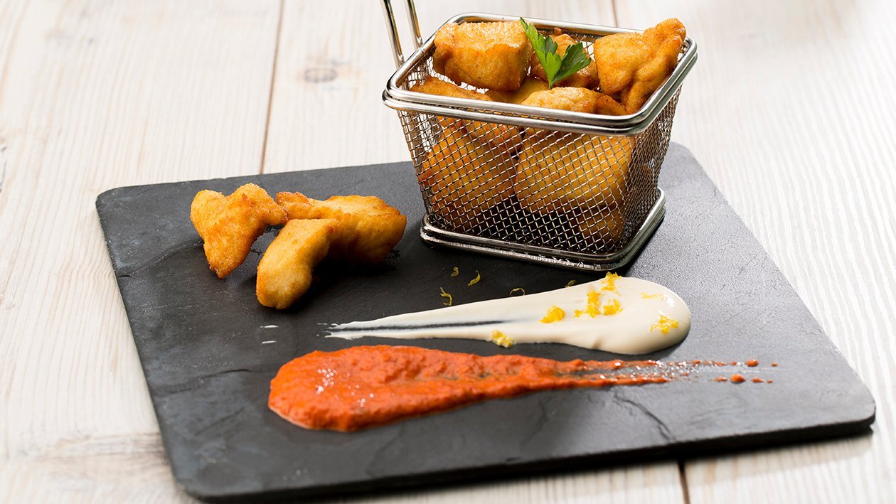 Nuggets de pollo y "dipeo" de crema agria con mayonesa de piquillo – - Receta - UFS