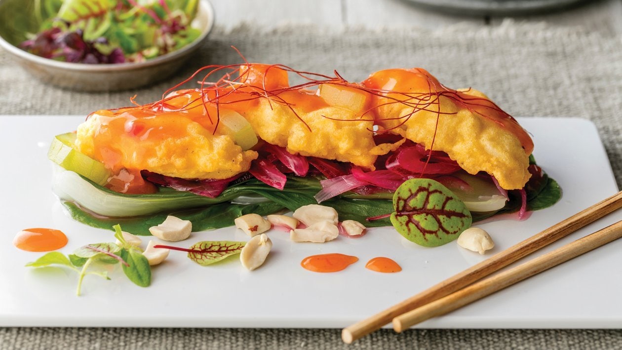 Pavías de rape sobre cama de pak choi y anacardos sin gluten – - Receta - UFS