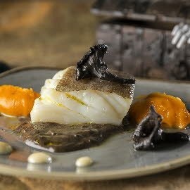 Taco de bacalao, falsas trompetas de la muerte, boniato y alioli Taco de bacalao, falsas trompetas de la muerte, boniato y alioli