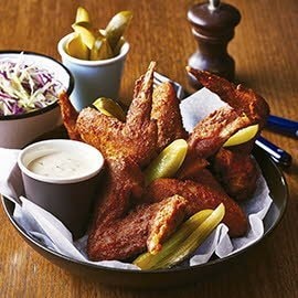 Tennessee hot fried chicken, slaw and blue cheese dressing Tennessee hot fried chicken, slaw and blue cheese dressing