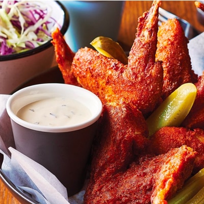 Tennessee hot fried chicken, slaw and blue cheese dressing