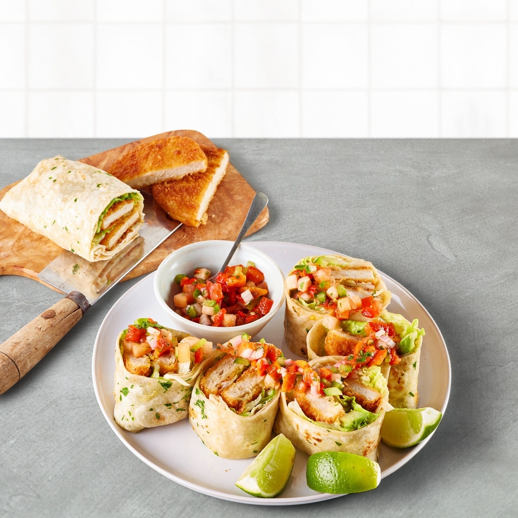 Wrap de Hamburguesa Crispy Nopollo con salsa roja picante y lima Wrap de Hamburguesa Crispy Nopollo con salsa roja picante y lima