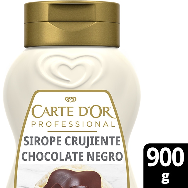 Sirope Crujiente Chocolate Negro Carte d'Or botella 900g - El Sirope Crujiente de Chocolate Negro y toda la gama de Siropes Carte d’Or Profesional es la preferida por los chefs, debido a que está diseñada con colores y sabores para seducir con tus postres