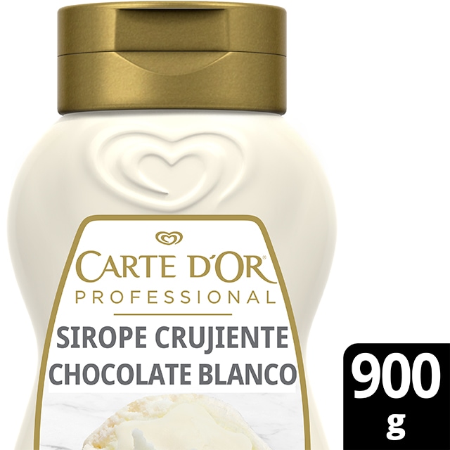 Sirope Crujiente Chocolate Blanco Carte d'Or botella 900g - Cocina con el Sirope Crujiente de Chocolate Blanco, de la gama de Siropes Carte d’Or Profesional, la preferida por los chefs, debido a que está diseñada con colores y sabores para seducir con tus postres