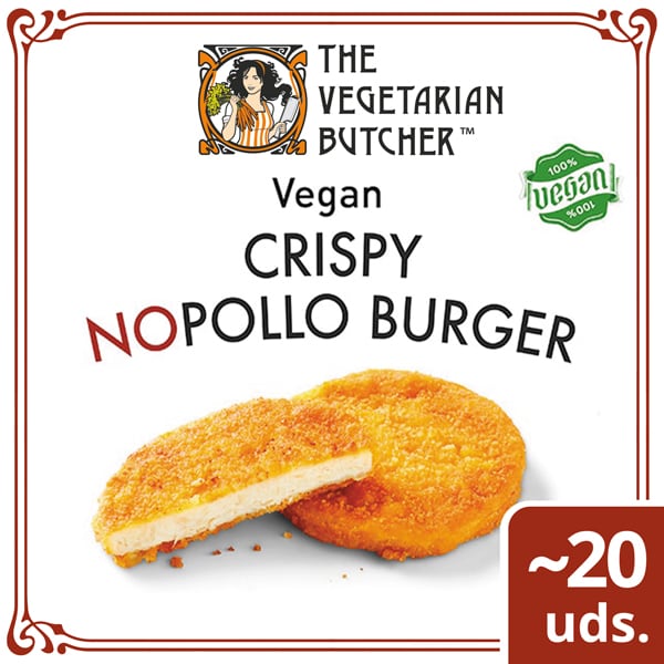 The Vegetarian Butcher Hamburguesa Crispy Nopollo Vegana Caja 1,8kg - "Tan jugoso como el pollo, más tierno que el cerdo y 100% vegetariano" Jaap Korteweg, fundador de The Vegetarian Butcher. A que esperas para ofrecer en tu menú la Hamburguesa Crispy Nopollo.