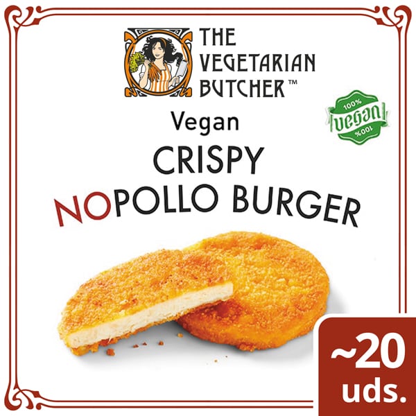 The Vegetarian Butcher Hamburguesa Crispy Nopollo vegana caja 1,8kg - "Tan jugoso como el pollo, más tierno que el cerdo y 100% vegetariano" Jaap Korteweg, fundador de The Vegetarian Butcher. A que esperas para ofrecer en tu menú la Hamburguesa Crispy Nopollo.
