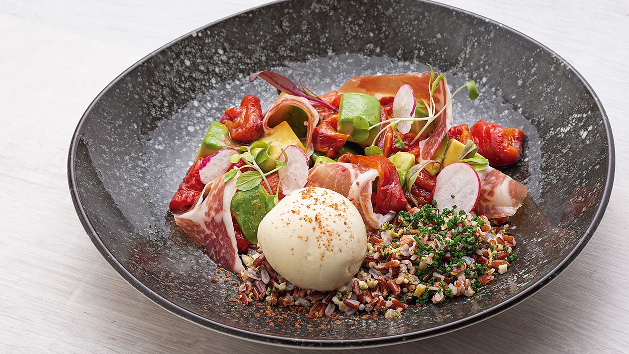 Ensalada de jamón, pimientos, aguacate, arroz rojo y helado de mostaza – - Receta - UFS Ensalada de jamón, pimientos, aguacate, arroz rojo y helado de mostaza – - Receta - UFS