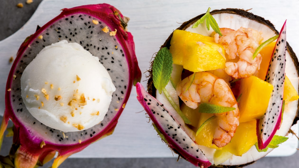 Ensalada de pitaya y gambas con helado de queso – - Receta - UFS Ensalada de pitaya y gambas con helado de queso – - Receta - UFS