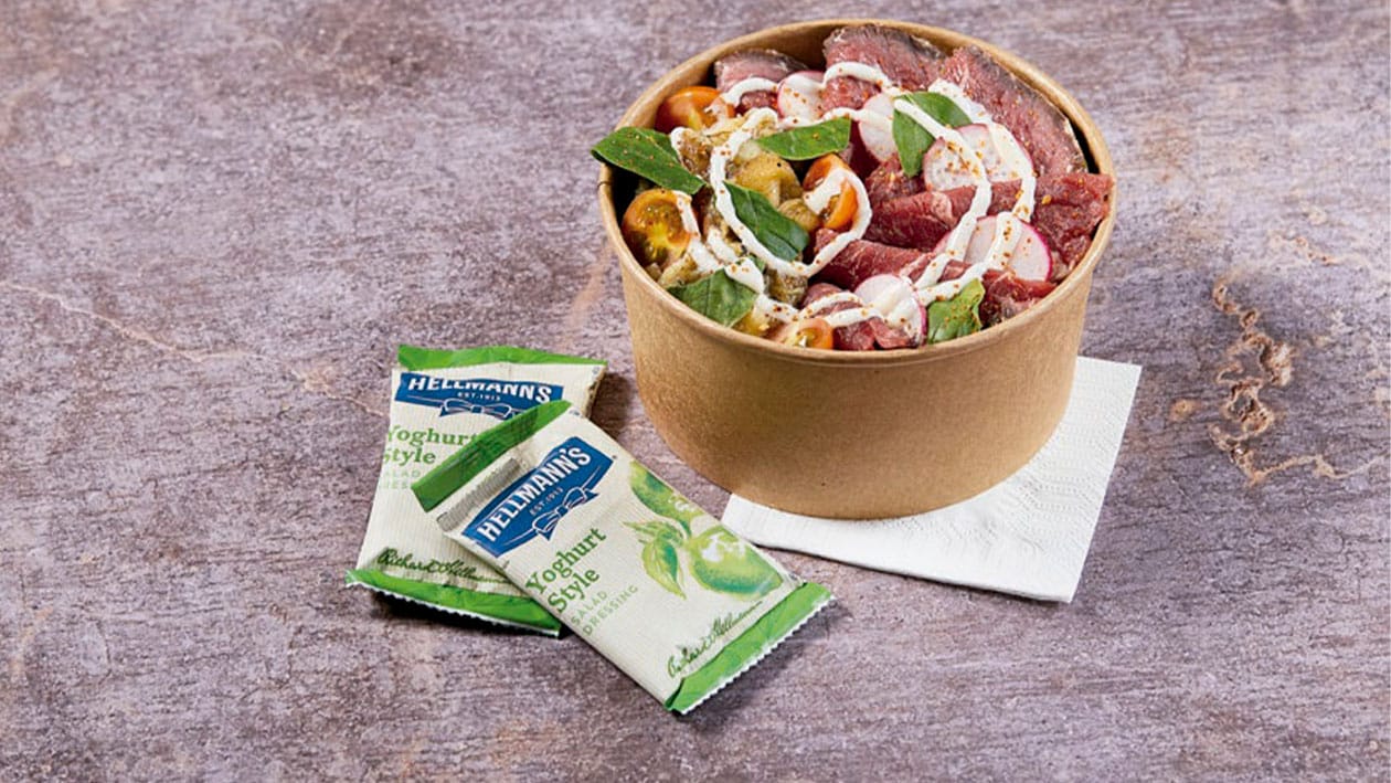 Ensalada de ternera asada con berenjena ahumada, espinaca y yogur – - Receta - UFS