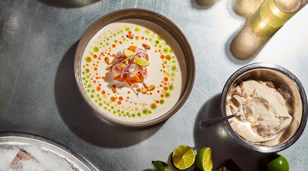 Gazpachuelo con citronela, ceviche de corvina y gambón – - Receta - UFS