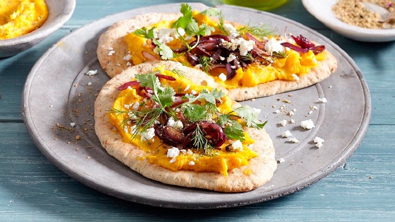 Hummus de Calabaza, con Pan Pita, Zaatar y Cebolla Confitada – - Receta - UFS Hummus de Calabaza, con Pan Pita, Zaatar y Cebolla Confitada – - Receta - UFS