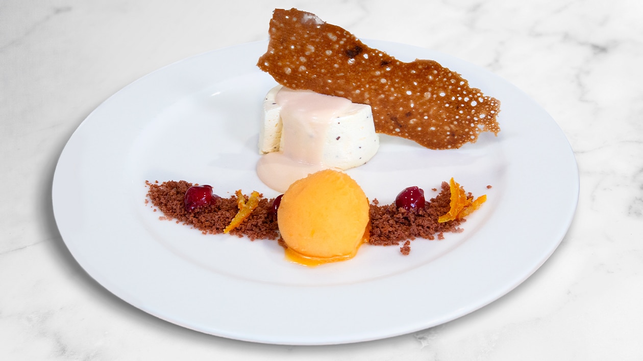 Mousse de chocolate blanco, crumble de nueces y helado de mandarina con crujiente de canela y naranja – – Receta UFS