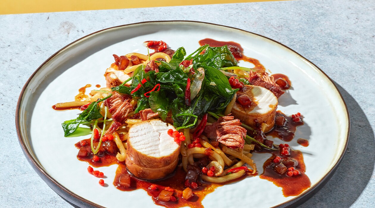 Pollo a la plancha con yaca en salsa de seruit y udon manday – - Receta - UFS