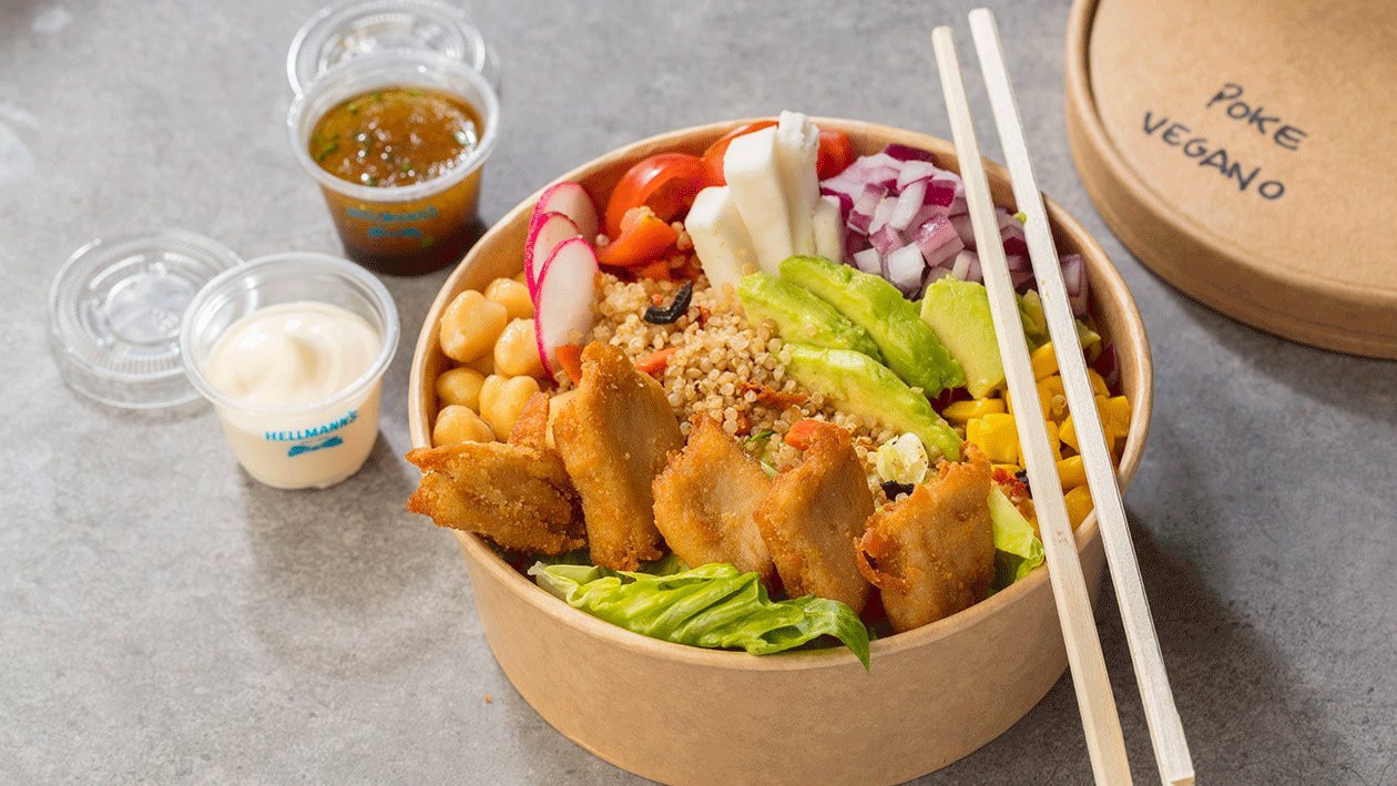 Poke de quinoa, rabanos, cebolla roja y NoPollo con mayonesa de yuzu – - Receta - UFS