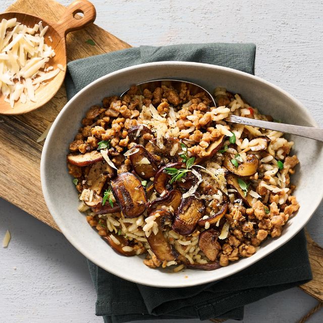 Risotto de portobellos y NoCarne picada Risotto de portobellos y NoCarne picada