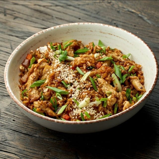 Wok de arroz integral, pollo y vegetales