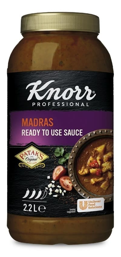 Knorr Salsa Líquida Curry Madrás lista para usar sin gluten bote 2,2L - Incorpora la nueva Salsa Curry Madrás de Knorr Professional en tu cocina. La forma más sencilla de conseguir el sabor original de la India en tus recetas.