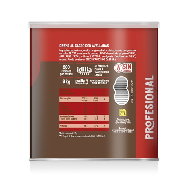Nocilla Original sin gluten lata 3kg - Incrementa el ticket de tus postres con una marca reconocida líder en el mercado del consumo del hogar.