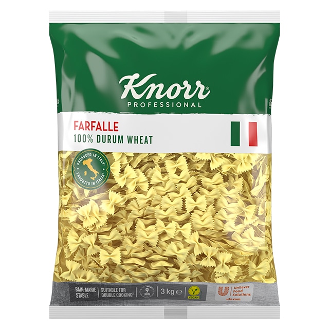 Knorr Pasta Farfalle 4x3kg - La gama de Pasta de Knorr Professional te inspira a crear platos con personalidad, gracias a sus formas auténticas y diversas.