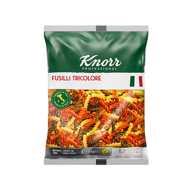 Knorr Pasta Fusilli Tricolore 4x3kg - La gama de Pasta de Knorr Professional te inspira a crear platos con personalidad, gracias a sus formas auténticas y diversas.