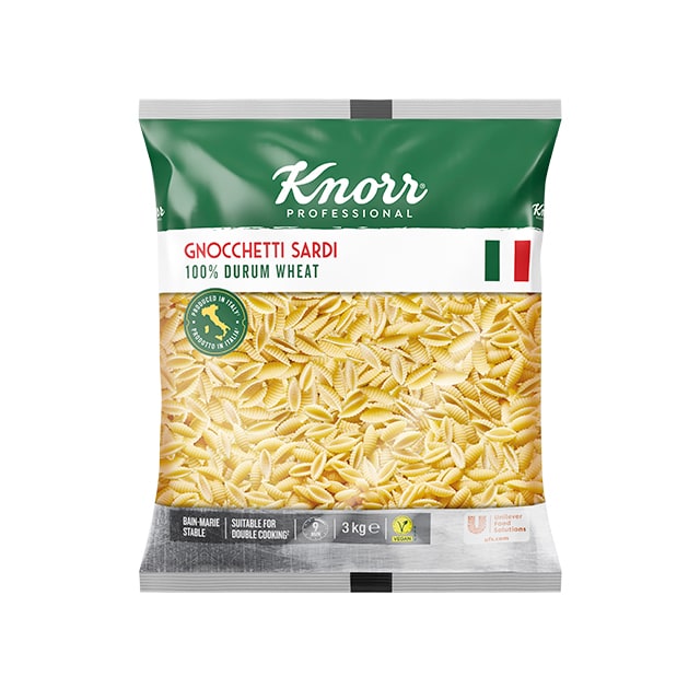 Knorr Pasta Gnochetti Sardi 4x3kg - La gama de Pasta de Knorr Professional te inspira a crear platos con personalidad, gracias a sus formas auténticas y diversas.