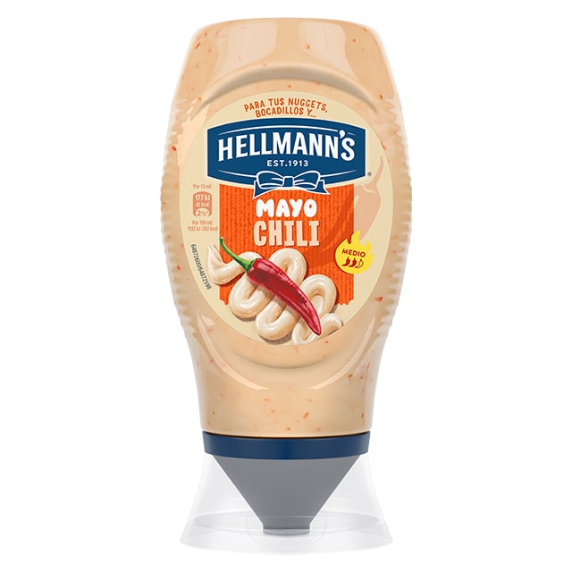 Hellmann's Mayo Chili Bocabajo sin gluten 250ml - Salsa Mayo Chili Hellmannn’s. Nuevos sabores en un práctico envase.