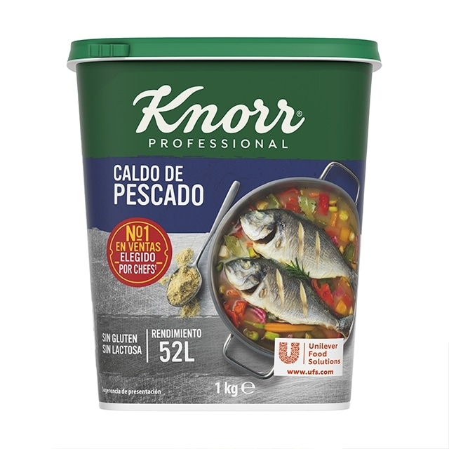 Knorr Caldo sazonador de Pescado sin gluten y sin lactosa bote 1kg - Caldo de Pescado sazonador. Descubre los nuevos Caldos Deshidratados Knorr: Los No1*, ahora Sin Gluten y Sin Lactosa. Prepara el caldo de pescado Knorr.